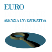 Logo dell'agenzia investigativa "Euro Detective" di Rimini con lente d'ingrandimento.